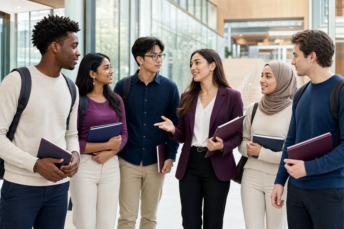 International students speaking with an education advisor in a university atrium