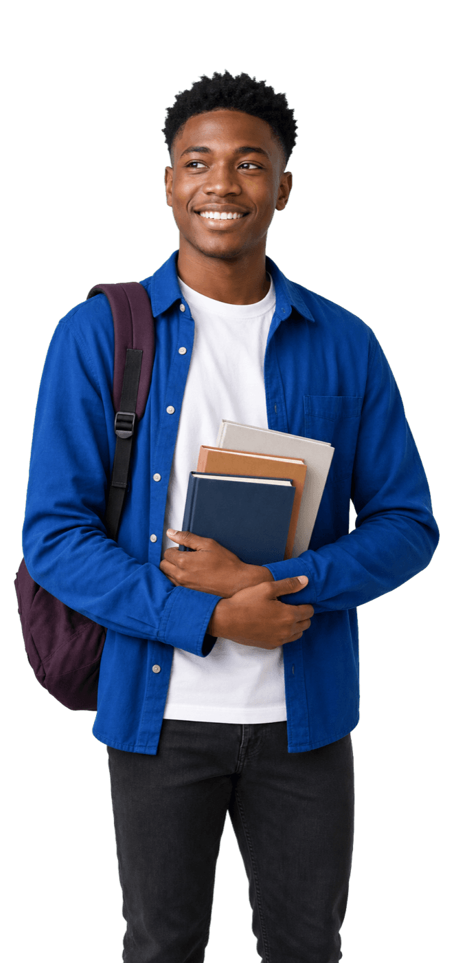 University student holding books and wearing a backpack